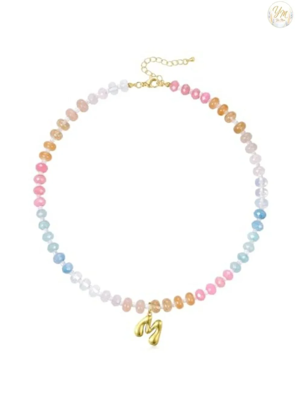 14K Gold Letter Initial Necklace, Natural Stone Beaded Choker, Handmade Jewelry